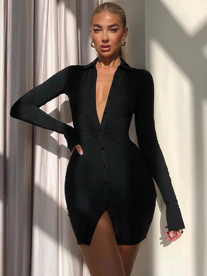 Turn-down Collar Button Mini Dress