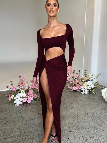 Hollow Out Ruched Dress Red Long Sleeve High Slit Maxi Dress Female Autumn Skinny Party Clubwear