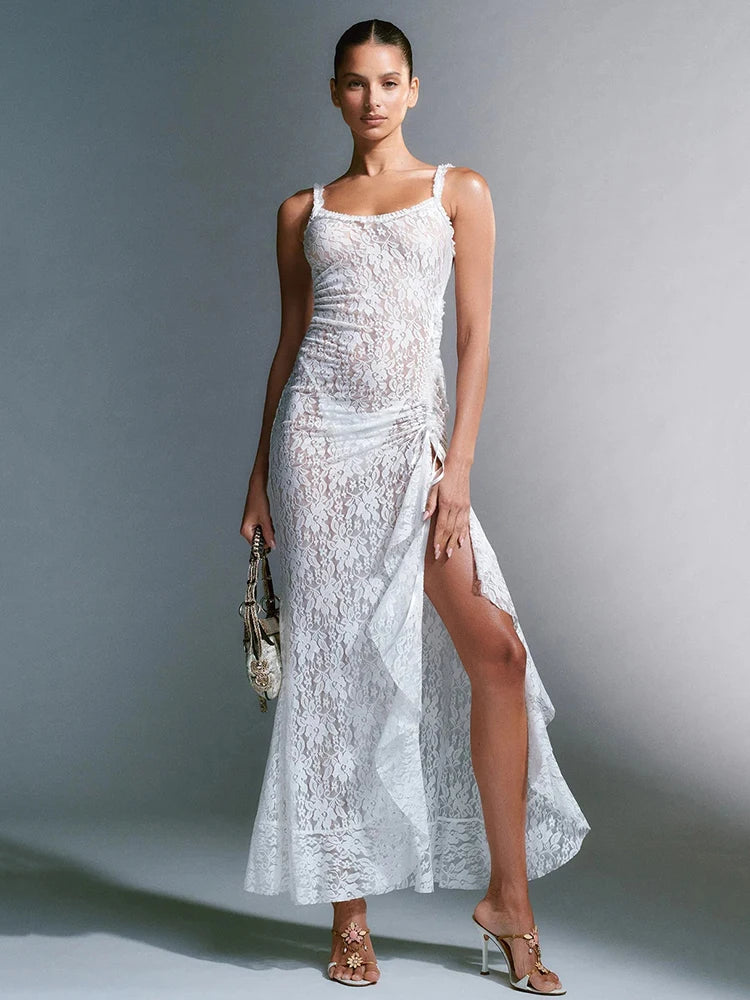 Lace Print High Split ’s Dress Slim Fit Open Back Transparent Lace Up Female Midi Dress Party Club Vestidos