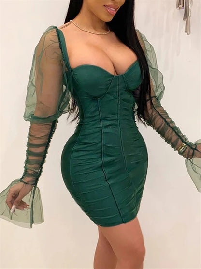 Mesh Puff Sleeve Party Dress Low Collar Backless Patchwork Red Mini Dress Nightclub Spring Vestidos