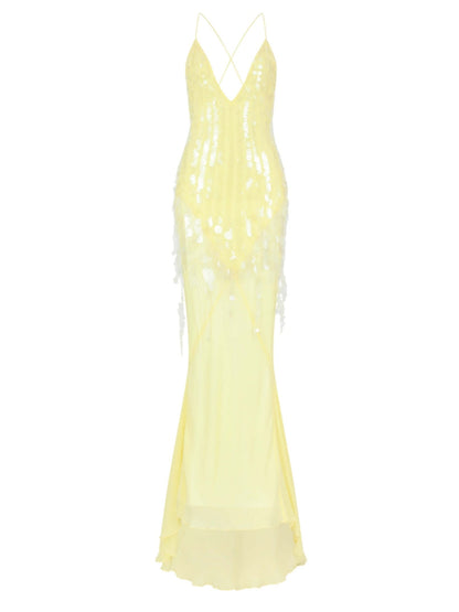 Sequins Low V-neck Draped Maxi Dress