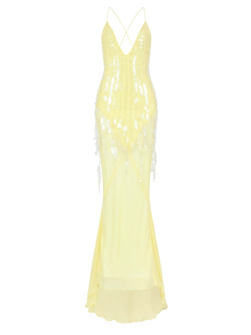 Sequins Low V-neck Draped Maxi Dress