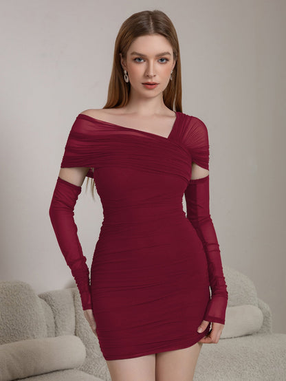 Asymmetrical Shoulder Ruched Mesh Bodycon Dress