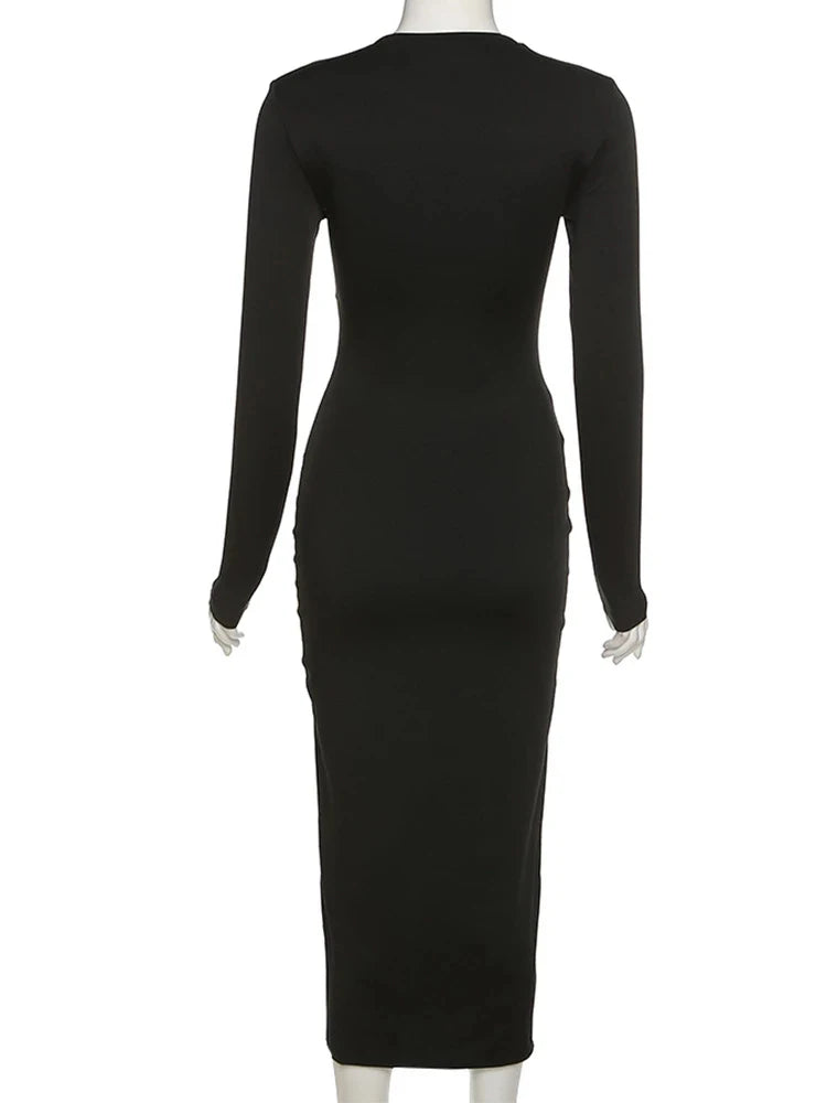Autumn Crossed Cleavage Concise Side Spilt Vestido Lady Slim Robe Midi Dresses