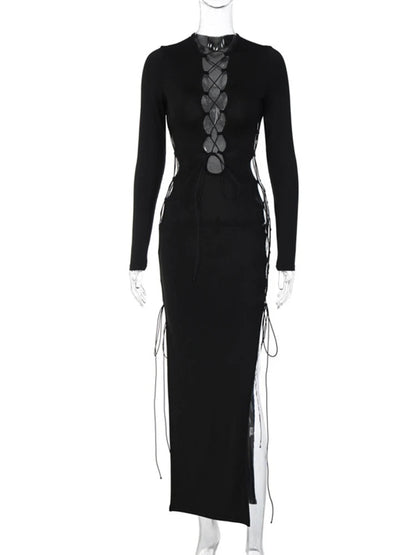 Autumn Y2k Hollow Out O-neck Side Slit Club Midi Dresses