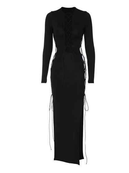 Autumn Y2k Hollow Out O-neck Side Slit Club Midi Dresses