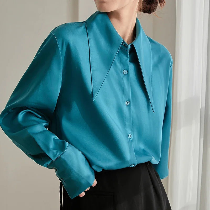 Satin Silk Turn Down Collar Blouse