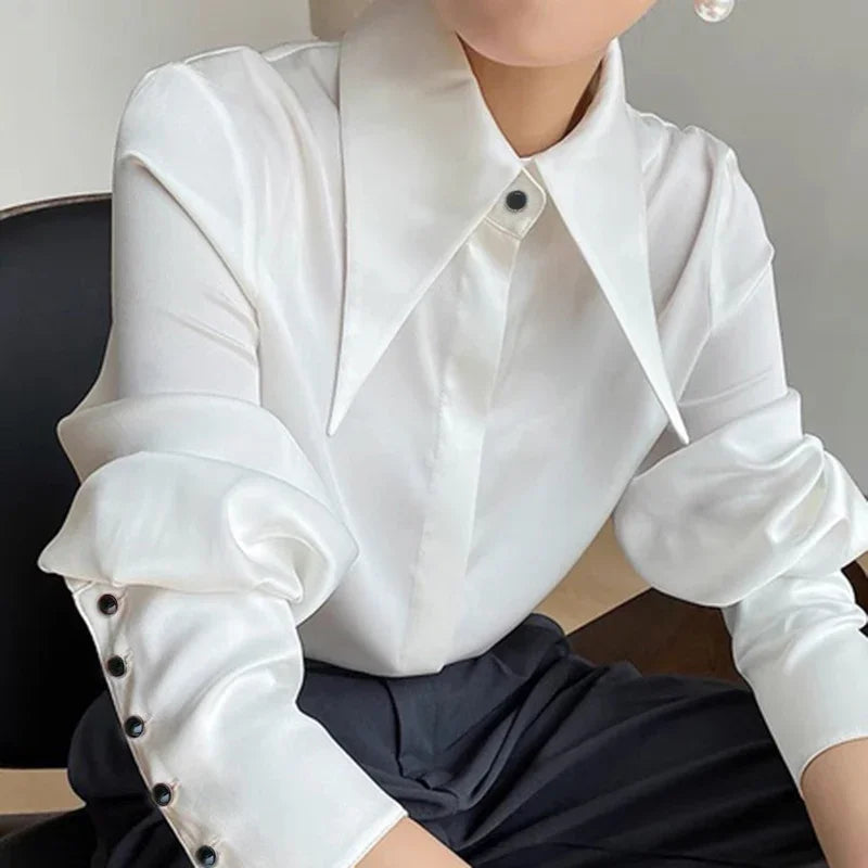 Satin Silk Turn Down Collar Blouse