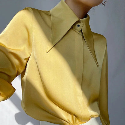 Satin Silk Turn Down Collar Blouse