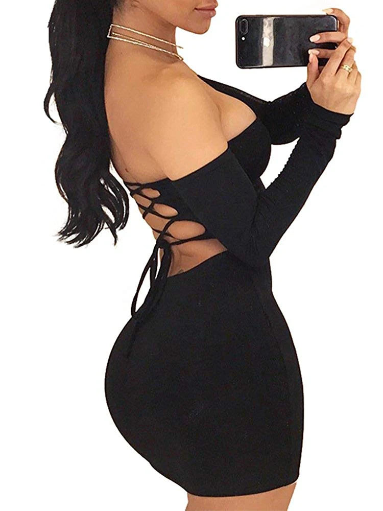 Autumn Winter Long Off Shoulder Backless Lace Midi Dresses
