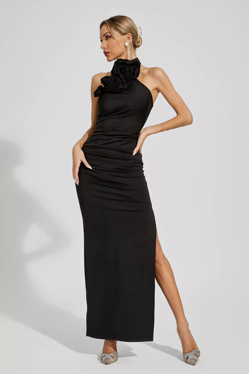 Aylin Black Ruched Halter Maxi Dress