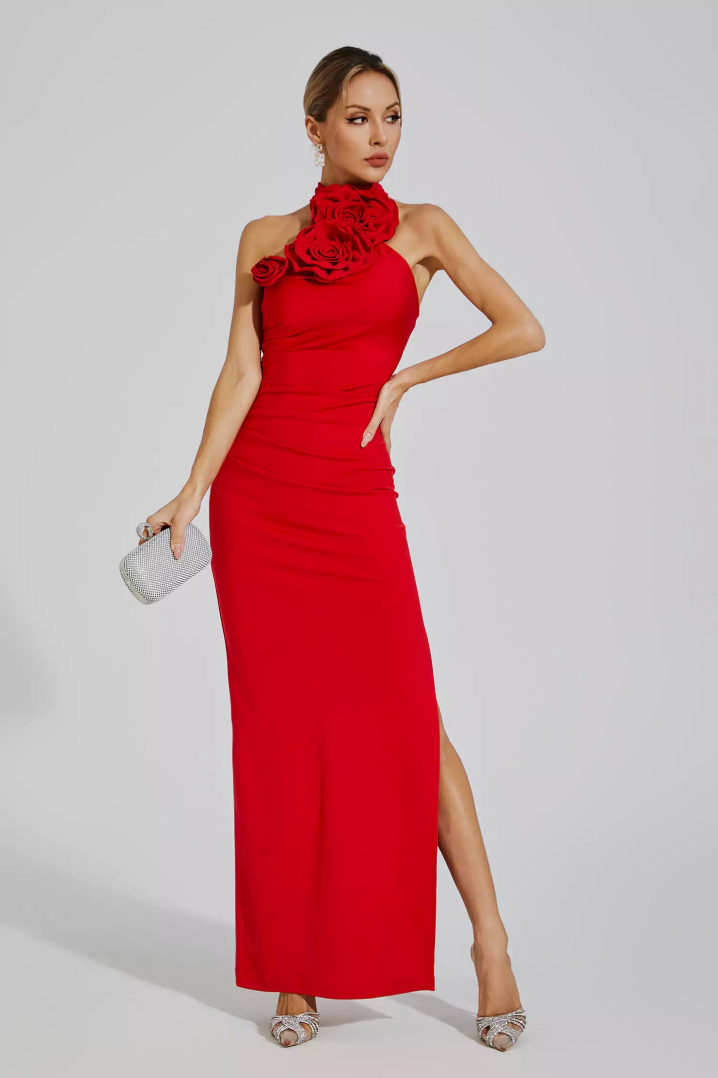Aylin Red Ruched Halter Maxi Dress