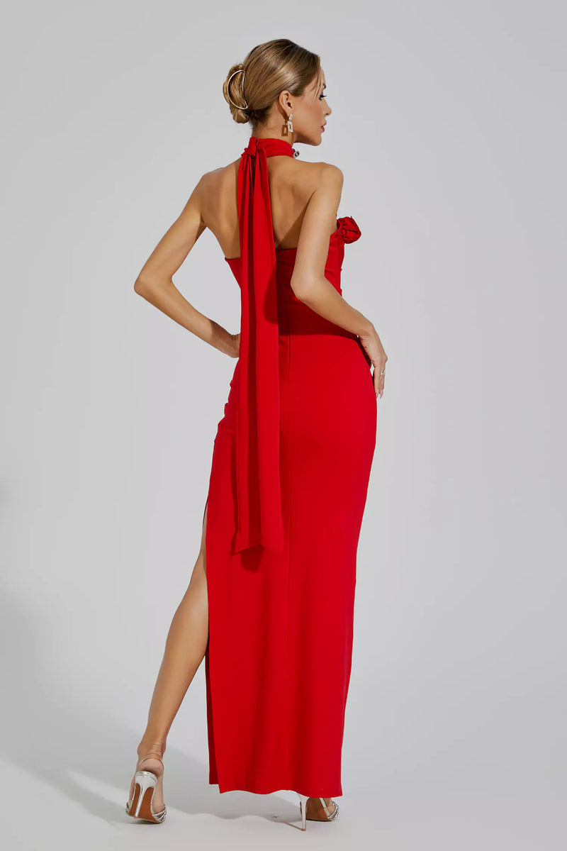 Aylin Red Ruched Halter Maxi Dress