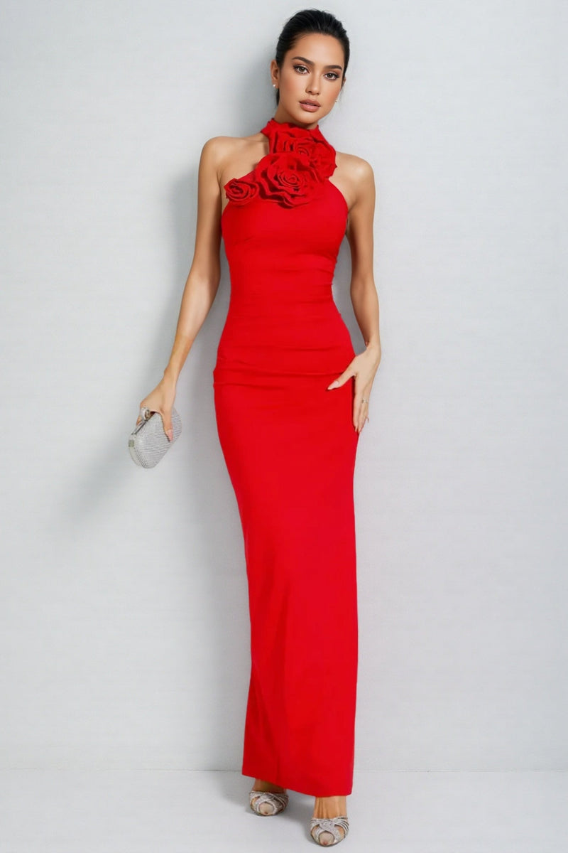 Emily Red Ruched Halter Maxi Dress