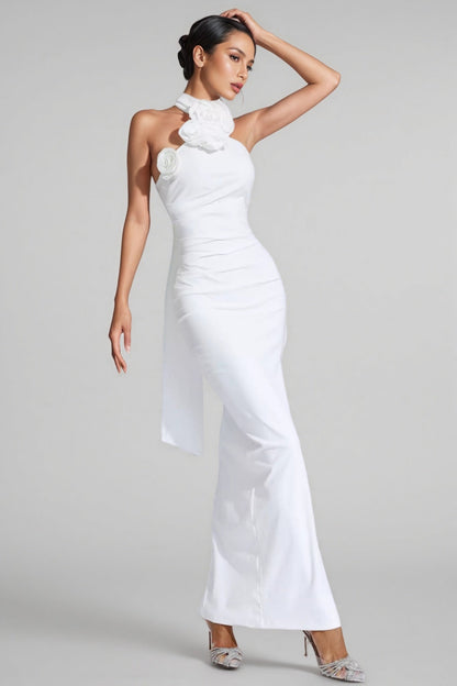 Hilia White Ruched Halter Maxi Dress