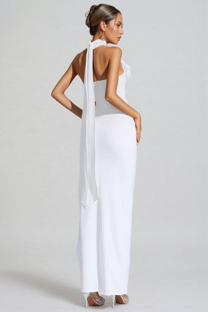 Hilia White Ruched Halter Maxi Dress