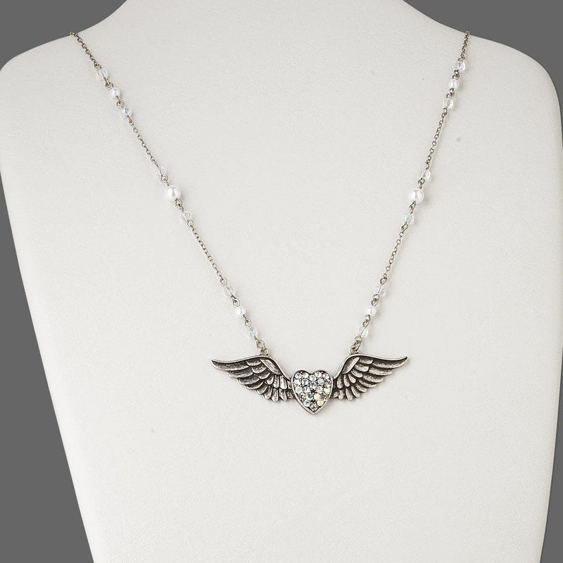 Heart With Wings Pendant on Extra Long Crystal Necklace Chain
