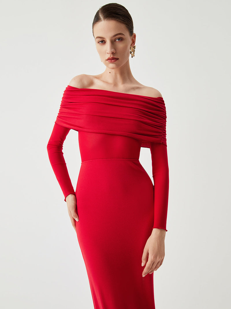 Abriella - Off-shoulder Overfold Mesh Maxi Dress