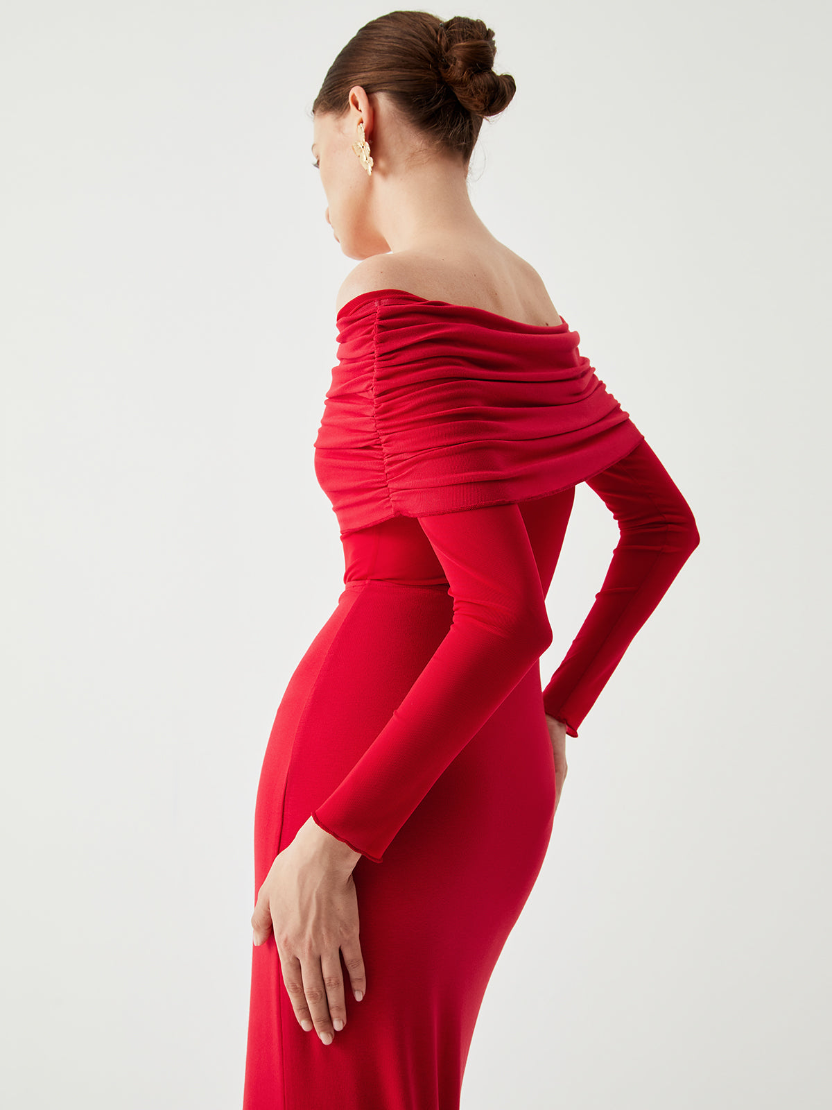 Abriella - Off-shoulder Overfold Mesh Maxi Dress