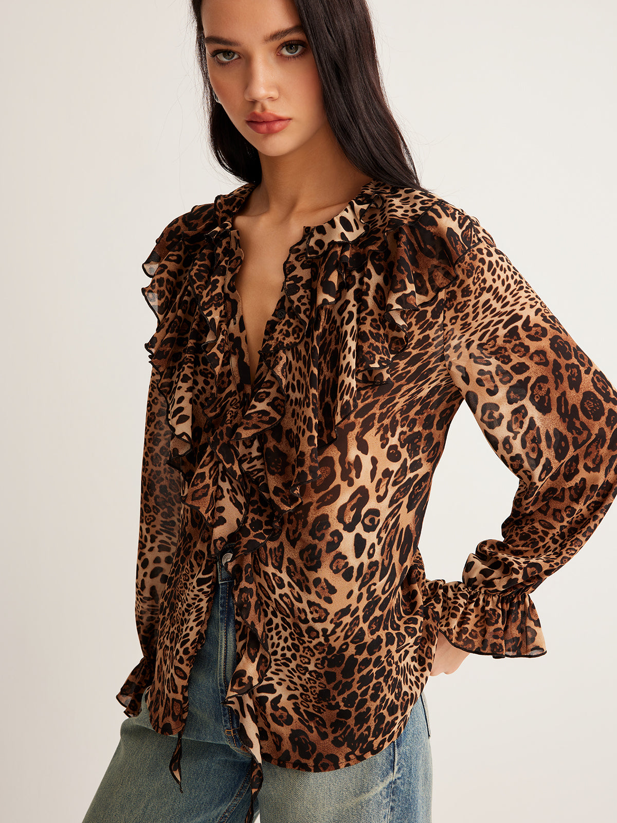Dakota | ’s Summer Leopard Ruffle Neck Blouse