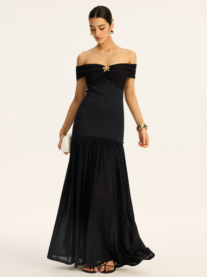 Semi-sheer Off-shoulder Ruched Mesh-paneled Maxi Dress