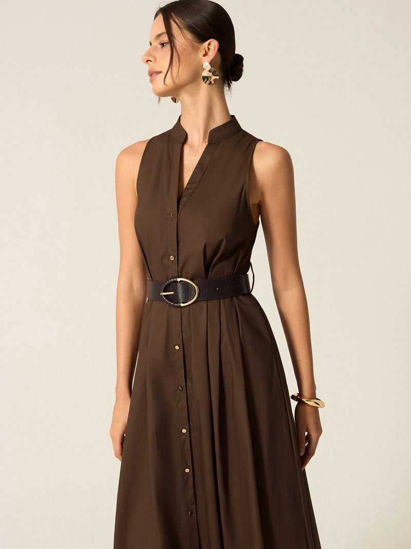 Belted Button-front Midi Dress