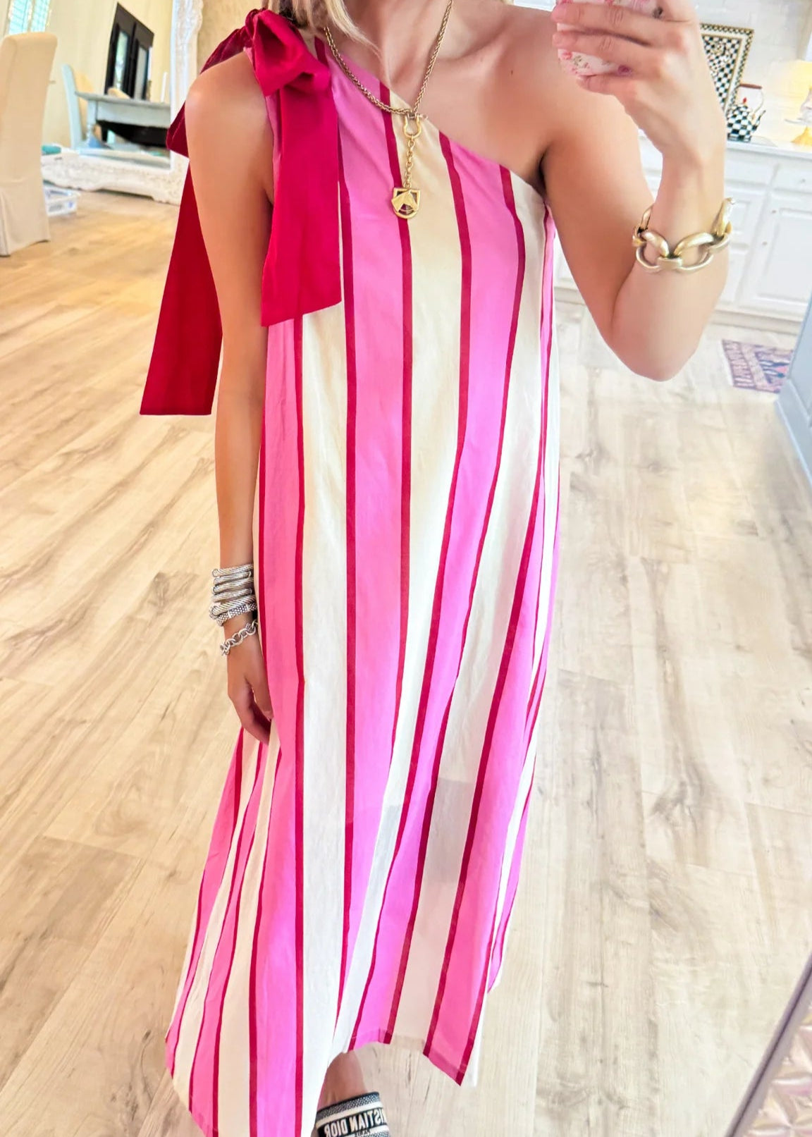 Cream and Pink Stripe Shoulder Tie Maxi Dress