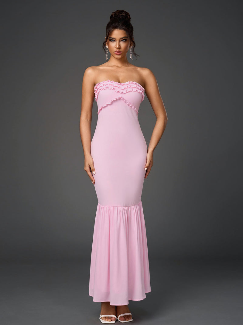 Backless Ruffle Trim Ruched Bodycon Tube Dress