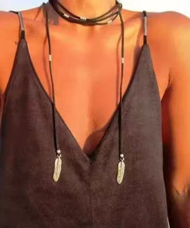 Beach Black Leather Alloy Feather Tassel Necklace