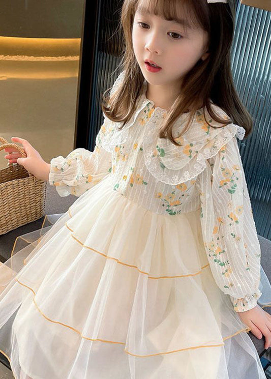 Apricot Peter Pan Collar Patchwork Tulle Long Dresses Long Sleeve Ss1040