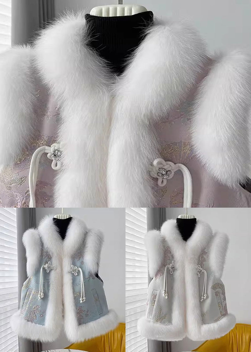 Blue Chinese Button Patchwork Cotton Filled Waistcoat Fur Collar Winter Rz032