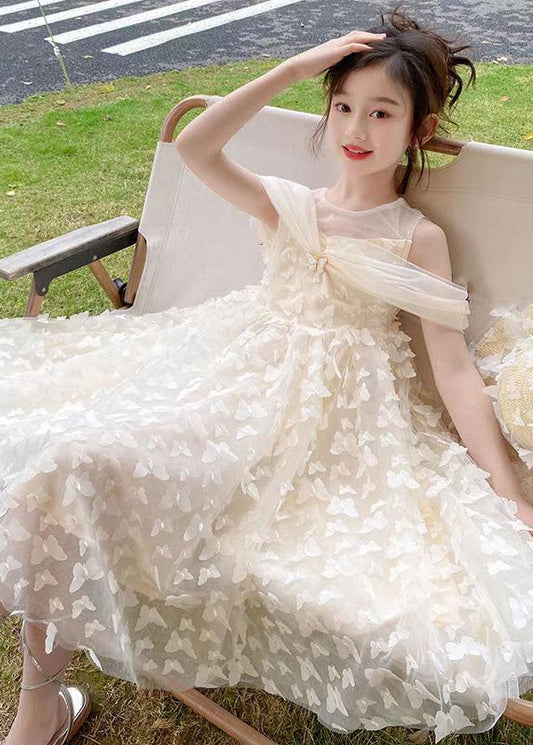Beige O-neck Butterfly Tulle Long Dresses Summer Tt033