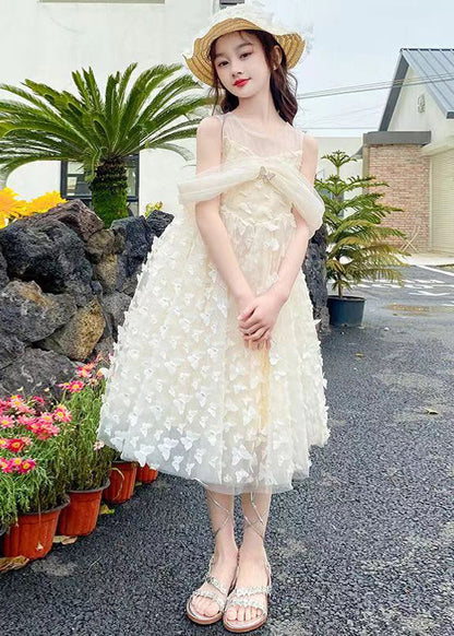 Beige O-neck Butterfly Tulle Long Dresses Summer Tt033