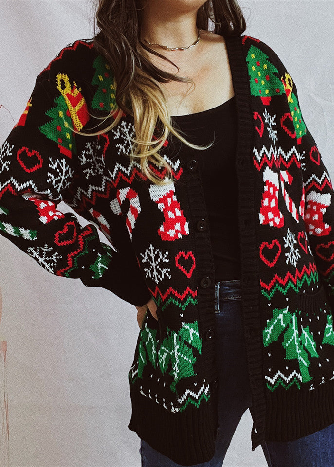 Black V Neck Jacquard Knit Cardigan Fall Qy016