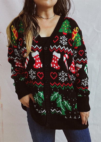 Black V Neck Jacquard Knit Cardigan Fall Qy016