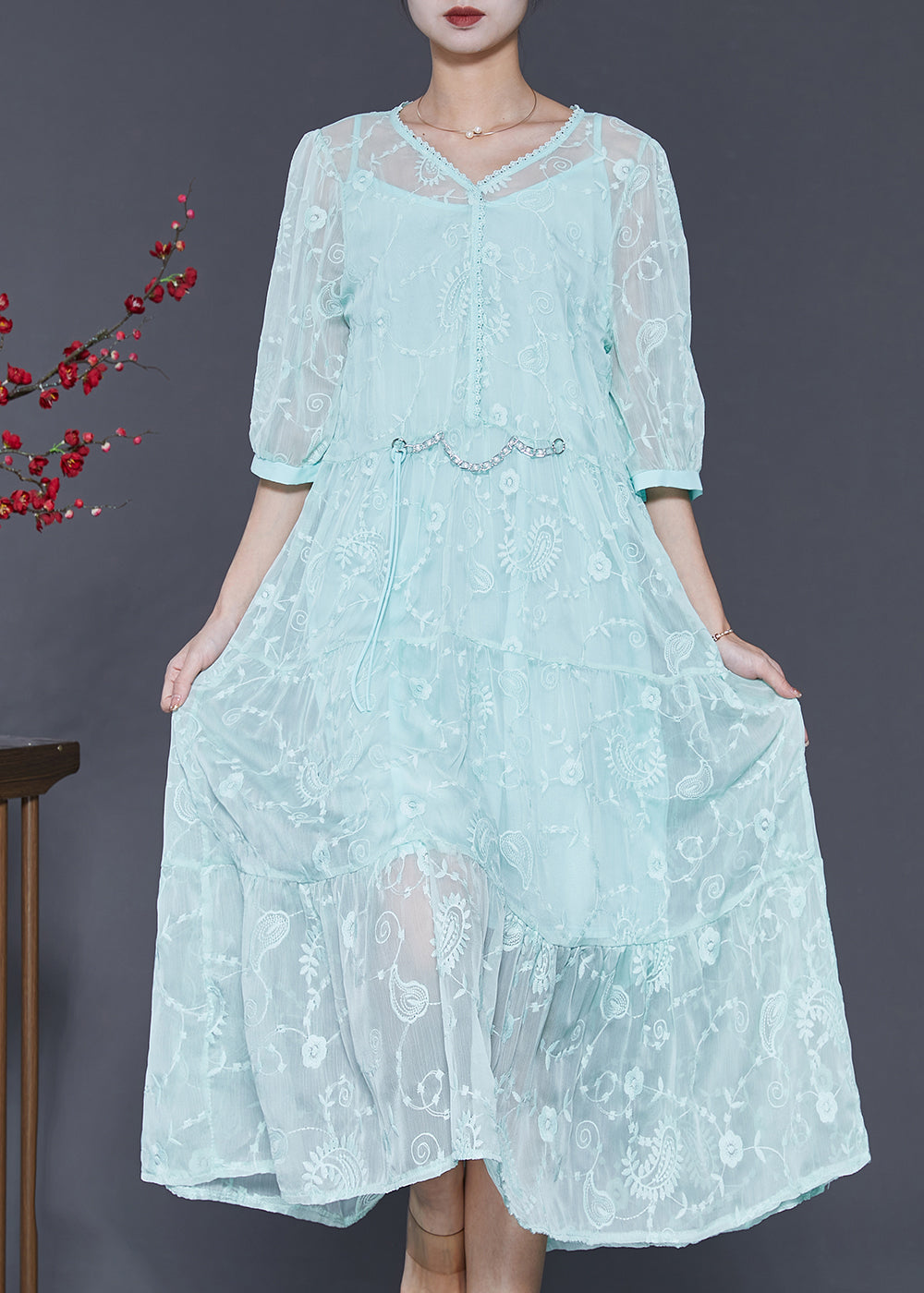 Blue Embroidered Silk Long Dress Half Sleeve Sd1005