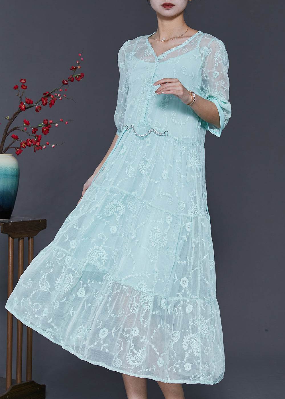 Blue Embroidered Silk Long Dress Half Sleeve Sd1005