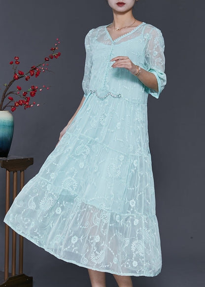 Blue Embroidered Silk Long Dress Half Sleeve Sd1005