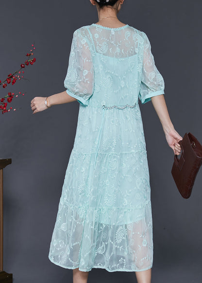 Blue Embroidered Silk Long Dress Half Sleeve Sd1005