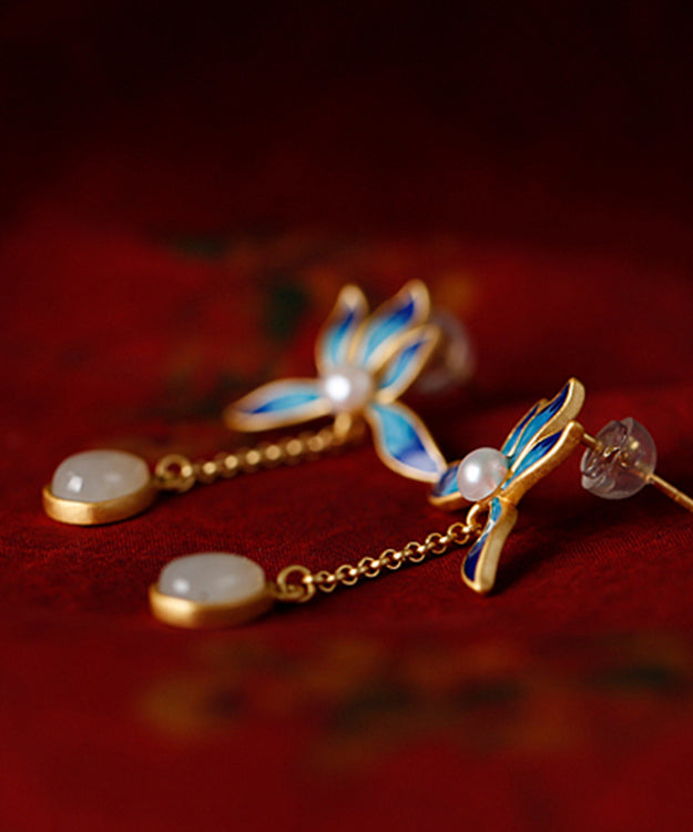Blue Lotus Inlaid Jade Drop Earrings