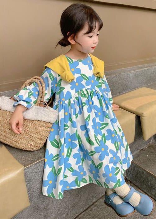 Blue O Neck Print Cotton Long Dress Long Sleeve Xz089