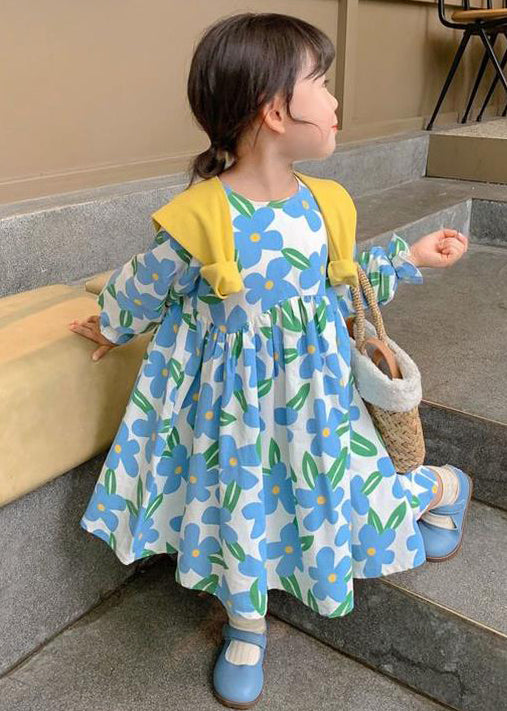 Blue O Neck Print Cotton Long Dress Long Sleeve Xz089