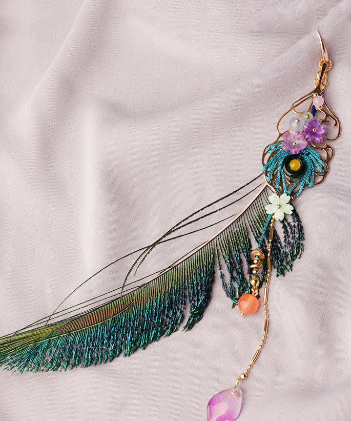Blue Peacock Feather Crystal Pearl Tassel Drop Earrings