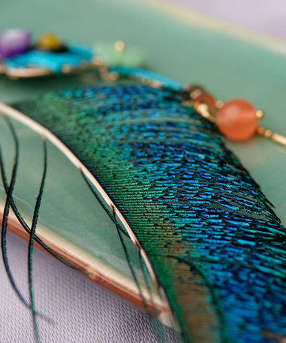 Blue Peacock Feather Crystal Pearl Tassel Drop Earrings