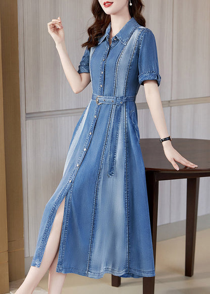 Blue Peter Pan Collar Patchwork Sashes Silk Denim Long Dress Short Sleeve Ac2024