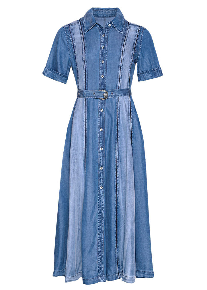 Blue Peter Pan Collar Patchwork Sashes Silk Denim Long Dress Short Sleeve Ac2024