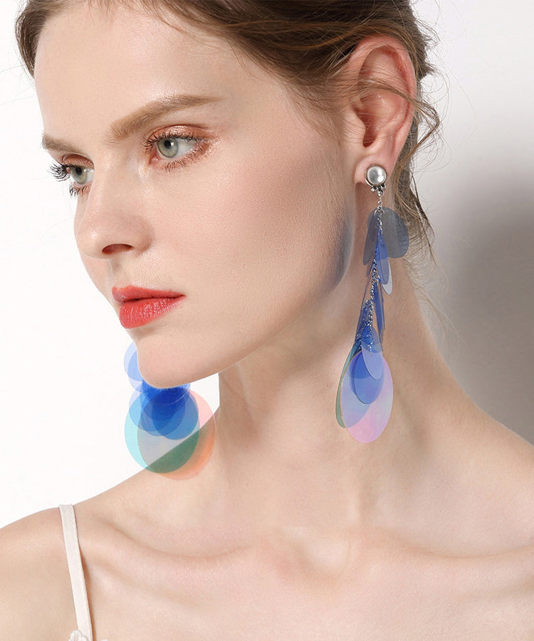 Blue Stainless Steel Round Sequin Tassel Drop Earrings