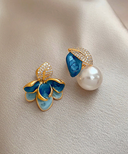 Bluecopper Zircon Asymmetric Pearl Enamel Drop Glaze Stud Earrings