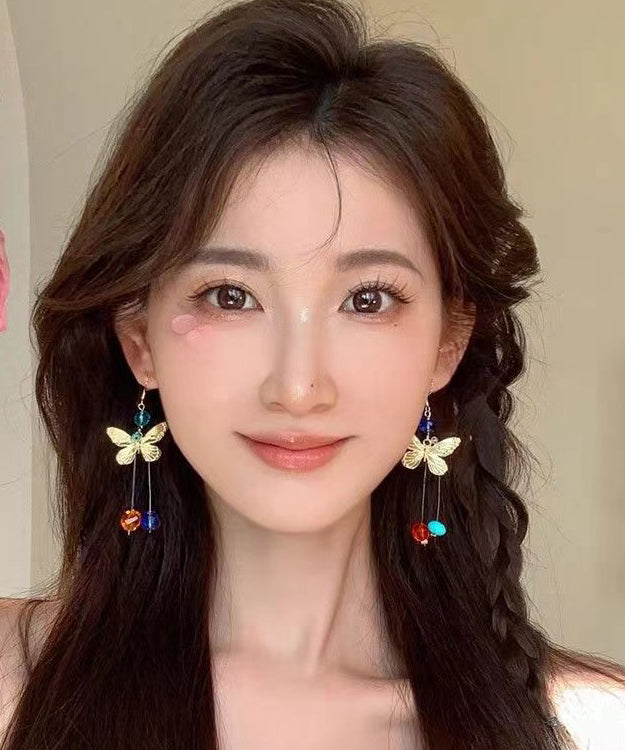Colorblock Alloy Butterfly Beading Tassel Drop Earrings