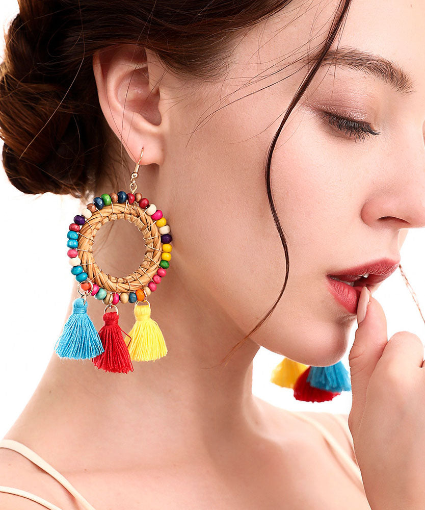Cotton Thread Rattan Bamboo Weaving Rice Ball Circular Tassel Drop Earrings